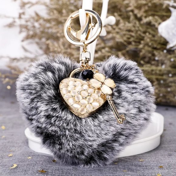 Handbags - NEW Fashion Heart Puff Ball with Rhinestone Heart Charm and Key Bag Keychain